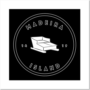 Madeira Island 1419 logo with the traditional toboggan ride/carro de cesto in black & white Posters and Art